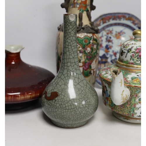 1441 - An 18th century Chinese export dish, sand de boeuf squat vase, crackle glaze bottle vase and a famil... 