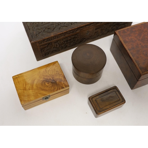 1443 - A 19th century Chinese carved boxwood box, amboyna cigarette box and 3 others