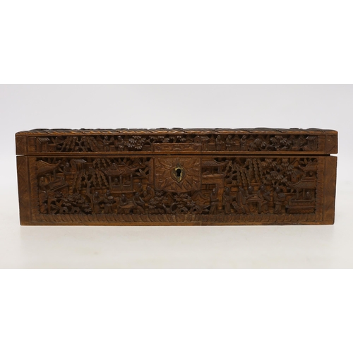 1443 - A 19th century Chinese carved boxwood box, amboyna cigarette box and 3 others