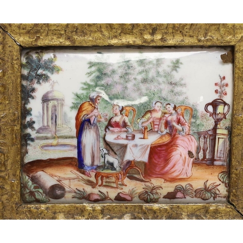 1446 - A framed pair of 19th century French enamel on copper plaques, 12x15cm total