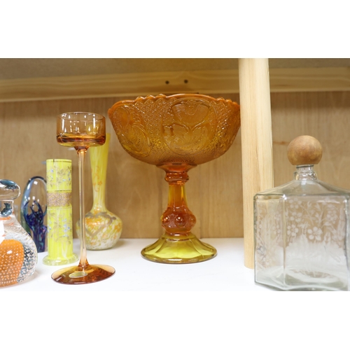 1460 - Fourteen glass items, including; paper weights, vases, perfume bottles, a Venetian style mirror and ... 