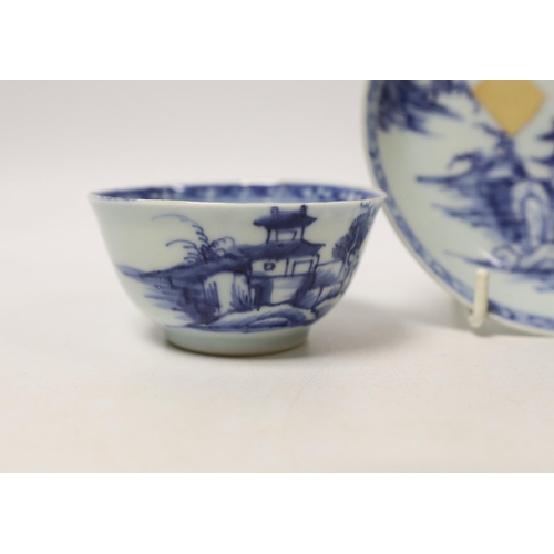 1487 - A Chinese Nanking Cargo blue and white saucer and tea bowl, and a Kangxi blue and white tea bowl, la... 