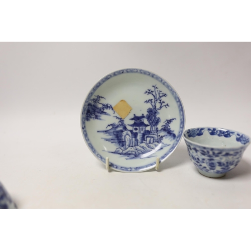 1487 - A Chinese Nanking Cargo blue and white saucer and tea bowl, and a Kangxi blue and white tea bowl, la... 