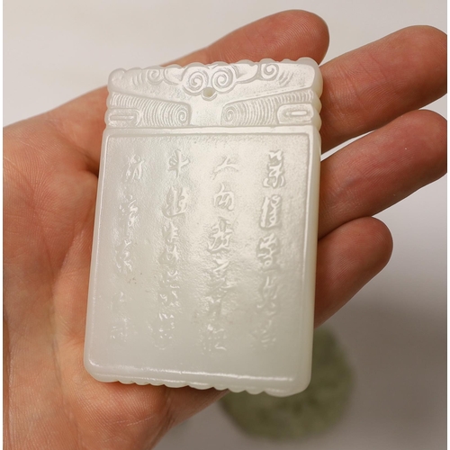 1490 - A Chinese white jade pendant plaque and three jadeite pendants, largest 7cm