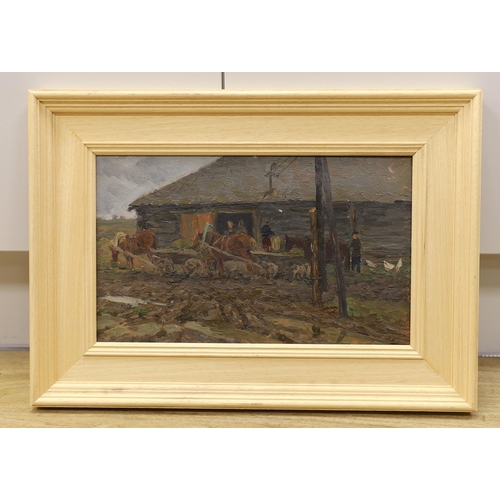 1708 - Vladimir Ivanovich Kotov (Russian 1944-1989), oil on board, Carts beside a barn, label verso, 20 x 3... 