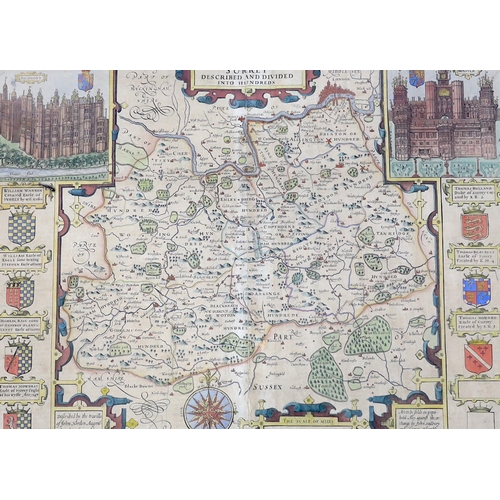 1710 - After John Speed (1552-1629) antique hand coloured map of Surrey, 40 x 54cm