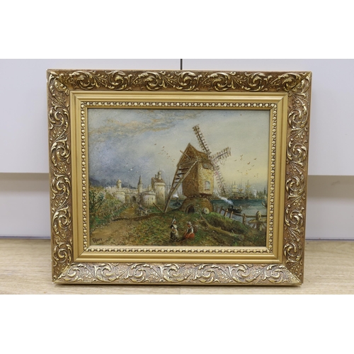 1714 - G. Moore (19/20th C.), oil on board, Dutch landscape with figures before a windmill, signed, 22 x 28... 