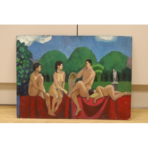 1717 - Alan Tabrum (20th. C) oil on board, Nudes in parkland, signed and dated 2000, 41 x 56cm, unframed... 