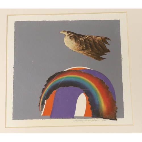 1720 - John Wright RE, ARCA (1927-2001) two collage and mixed medias, Bird & Rainbow and Hearts & Flower... 