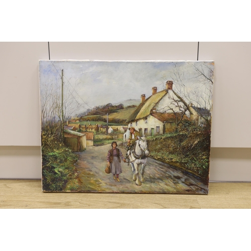 1725 - A. Barrett, oil on canvas, Travellers on a country lane, signed, 35 x 58cm, unframed