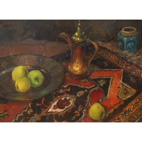 1728 - Two Dutch oils on canvas, Still lifes of fruit and vessels, one framed, largest 82 x 60cm