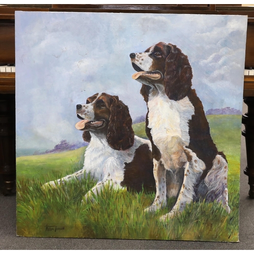 1755 - Helen James, oil on canvas, Two Springer Spaniels, signed, unframed, 95 x 94cm