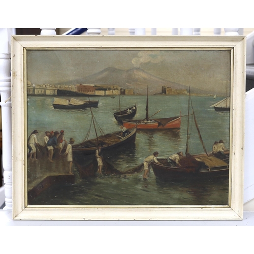 1767 - 20th century school, oil on board, Continental harbour scene with fishermen and boats, 46 x 61cm... 