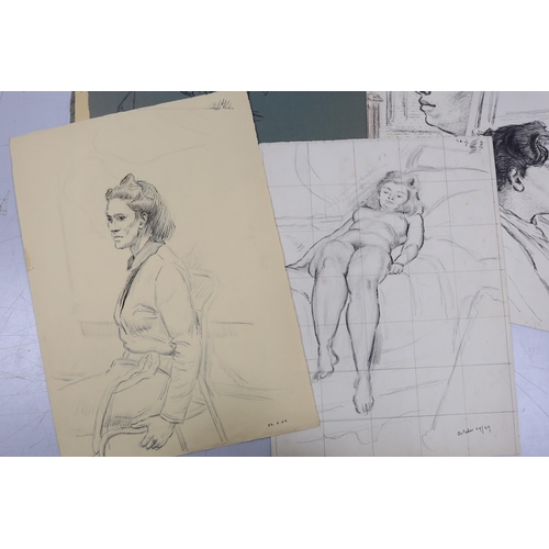 1770 - Clifford Hall (1904-1973) collection of pencil and ink sketches on paper, figural studies and landsc... 