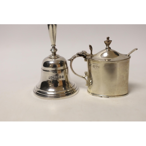 1857 - A modern silver hand bell, 10.5cm and a late Victorian silver mustard pot, Chester, 1900 and a spoon... 