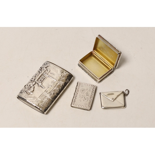 1858 - A modern silver snuff box, an Edwardian  silver 'envelope' stamp case, a German 925 snuff box and an... 