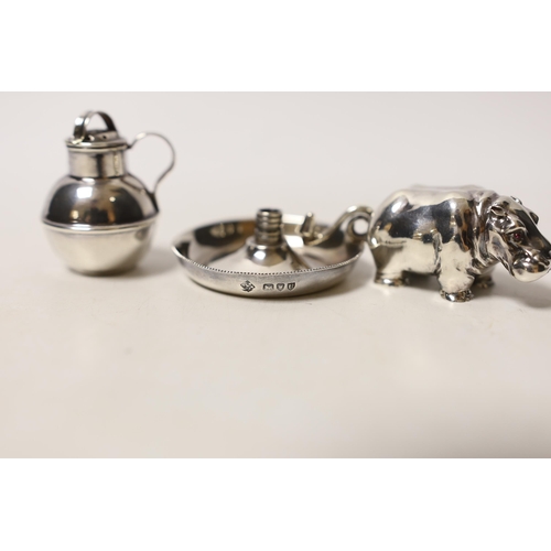 1859 - A modern silver miniature model of a hippopotamus, a white metal 'Guernsey can' pepperette and a par... 