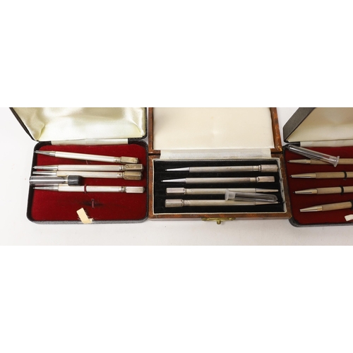 1860 - Three cased sets of sterling bridge pencils and a modern silver bookmark.