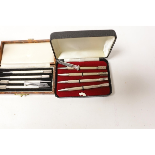 1860 - Three cased sets of sterling bridge pencils and a modern silver bookmark.