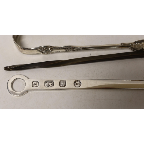 1866 - Two pairs of silver sugar tongs, including Victorian King's pattern a white metal toddy ladle and a ... 