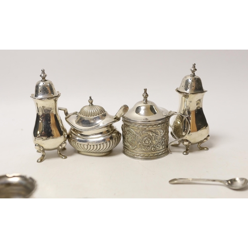 1871 - Two pairs of small silver salts, a pair of silver pepperettes, and two silver mustard pots including... 