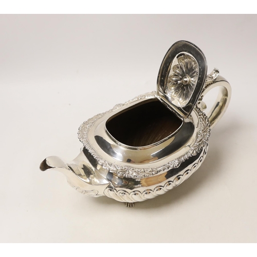 1872 - A George IV demi-fluted silver oval tea pot, maker RP, London, 1823, gross weight 23.2oz, CITES Subm... 