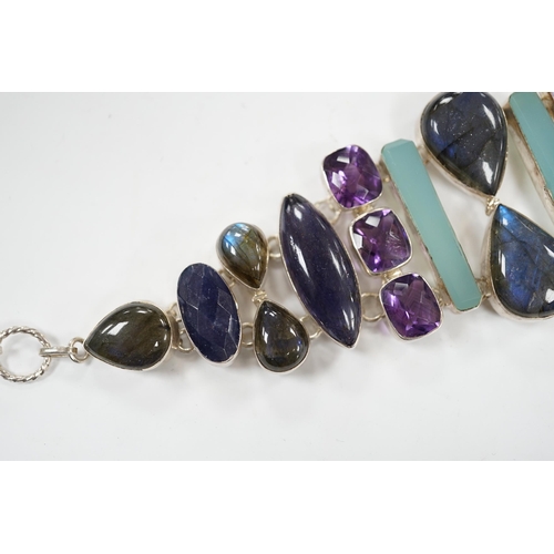 1931 - A white metal and multi gem set bracelet, including dyed agate, amethyst and labradorite, 21cm.... 