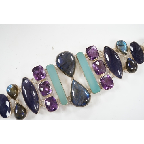 1931 - A white metal and multi gem set bracelet, including dyed agate, amethyst and labradorite, 21cm.... 