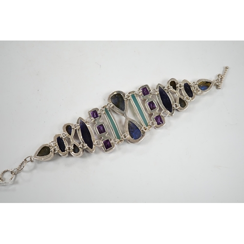 1931 - A white metal and multi gem set bracelet, including dyed agate, amethyst and labradorite, 21cm.... 