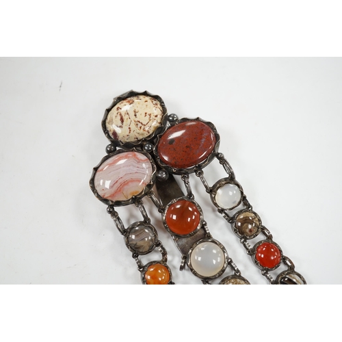 1932 - A white metal and cabochon multi gem set chatelaine, including jasper, carnelian and banded agate, 1... 