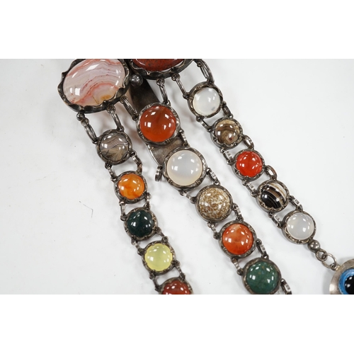 1932 - A white metal and cabochon multi gem set chatelaine, including jasper, carnelian and banded agate, 1... 