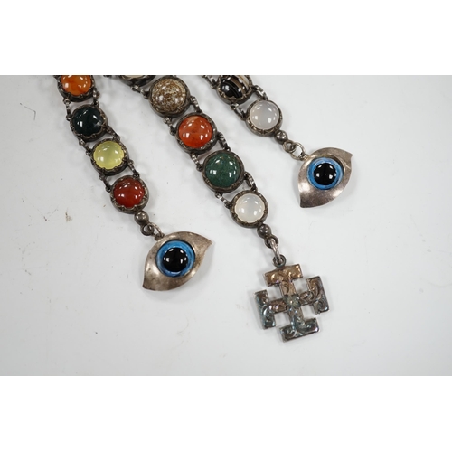 1932 - A white metal and cabochon multi gem set chatelaine, including jasper, carnelian and banded agate, 1... 