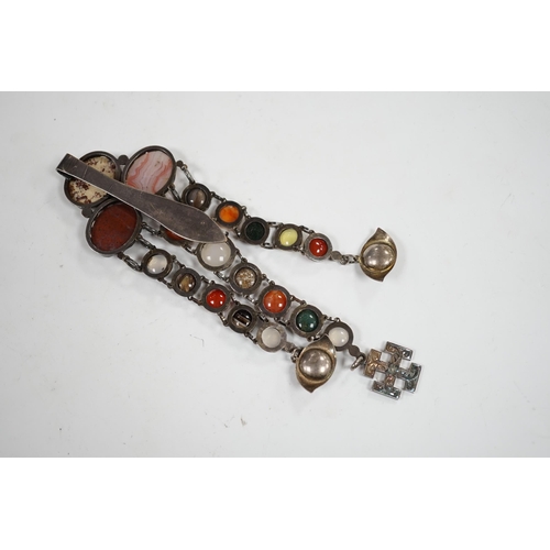 1932 - A white metal and cabochon multi gem set chatelaine, including jasper, carnelian and banded agate, 1... 