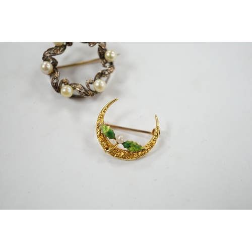 1935 - A yellow metal enamel and small baroque pearl set folate crescent brooch, 27mm, together with a yell... 