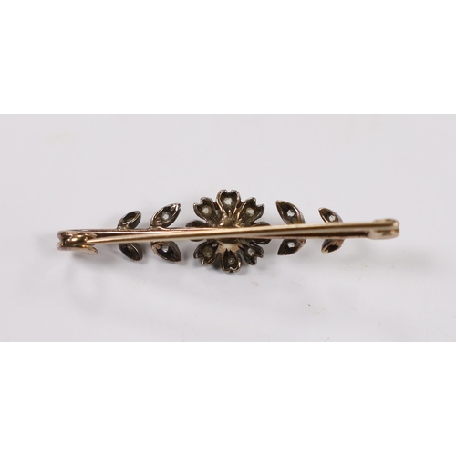 1951 - A late Victorian yellow and white metal, seed pearl and diamond cluster set flower head bar brooch, ... 