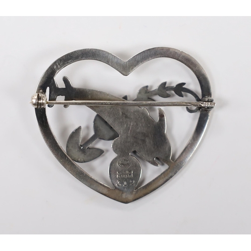 1962 - A George Jensen sterling 'twin dolphin, shell and frond' heart shaped brooch, design no. 312, width ... 