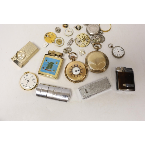 1968 - An assortment of pocket watches, lighters etc, including a gold plated half hunter.