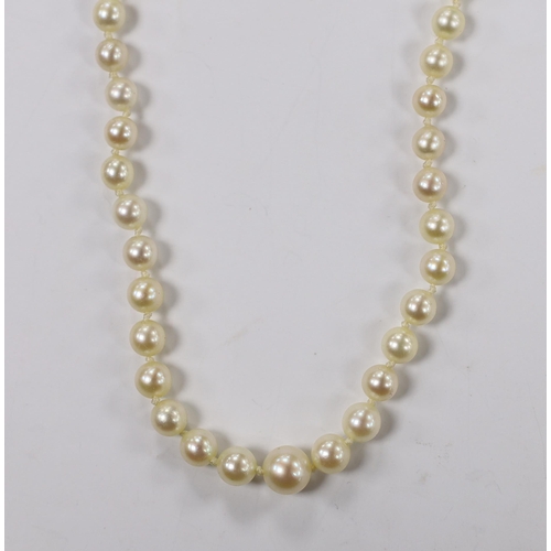 1972 - A 1960's single strand graduated cultured pearl necklace with diamond chip set 9ct white gold clasp,... 