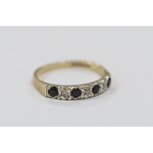 1980 - A modern 9ct gold, four stone sapphire and three stone diamond chip set half hoop ring, size N, gros... 