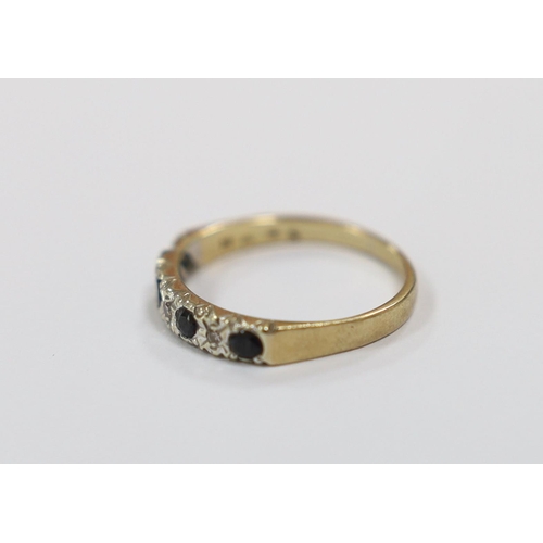 1980 - A modern 9ct gold, four stone sapphire and three stone diamond chip set half hoop ring, size N, gros... 