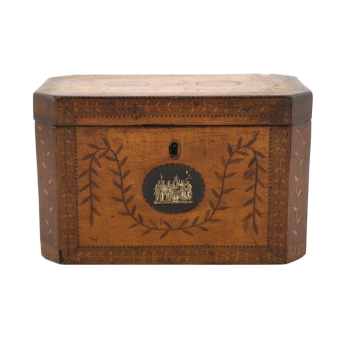 28 - A George III Sheraton style marquetry inlaid satinwood tea caddy of octagonal form with foliate swag... 