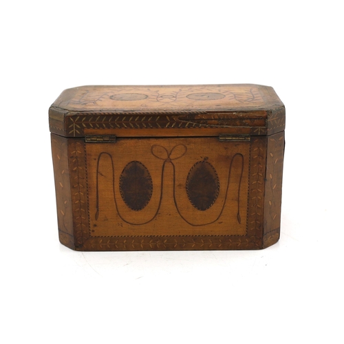 28 - A George III Sheraton style marquetry inlaid satinwood tea caddy of octagonal form with foliate swag... 