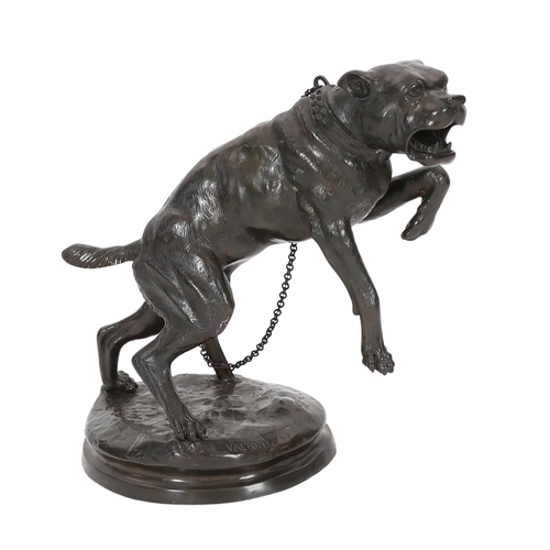 33 - After Charles Valton (French, 1851-1819), a bronze model of a lunging Mastiff 'Passez au Large', on ... 