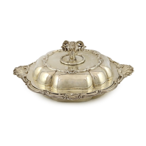 357 - A Victorian ornate silver entree dish and cover with ram's head handle, by John Samuel Hunt (Hunt & ... 