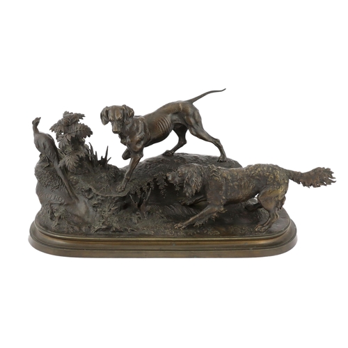 37 - After Ferdinand Pautrot (1832-1874), a bronze group of a spaniel and a hound chasing a pheasant, on ... 