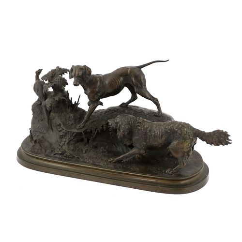 37 - After Ferdinand Pautrot (1832-1874), a bronze group of a spaniel and a hound chasing a pheasant, on ... 