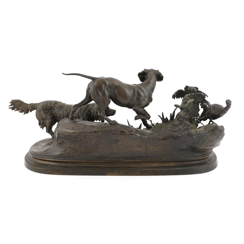 37 - After Ferdinand Pautrot (1832-1874), a bronze group of a spaniel and a hound chasing a pheasant, on ... 