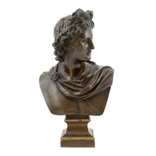 38 - A 19th century Grand Tour bronze bust of Apollo Belvedere, on a parcel gilt plinth, initialled SB an... 