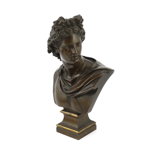 38 - A 19th century Grand Tour bronze bust of Apollo Belvedere, on a parcel gilt plinth, initialled SB an... 