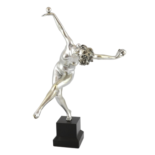 44 - Attributed to Claire Colinet, an Art Deco silvered bronze figure of a nude acrobatic dancer, signed ... 